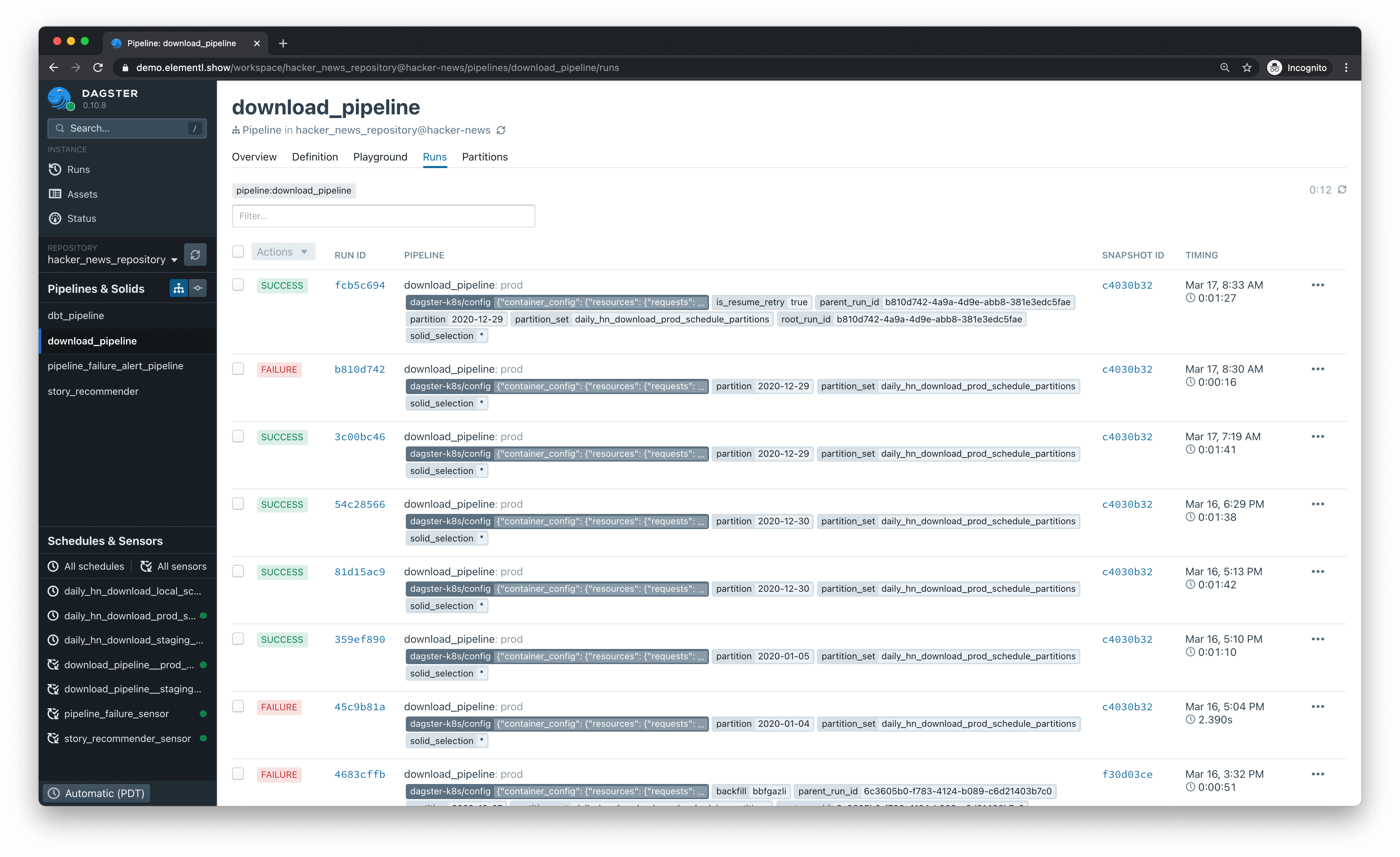 Dagit Pipeline Runs Tab